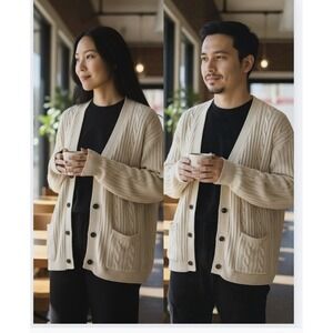 John Blair‎ Vintage Beige Cable Knit Cardigan Sweater V-Neck Pockets Y2K Unisex